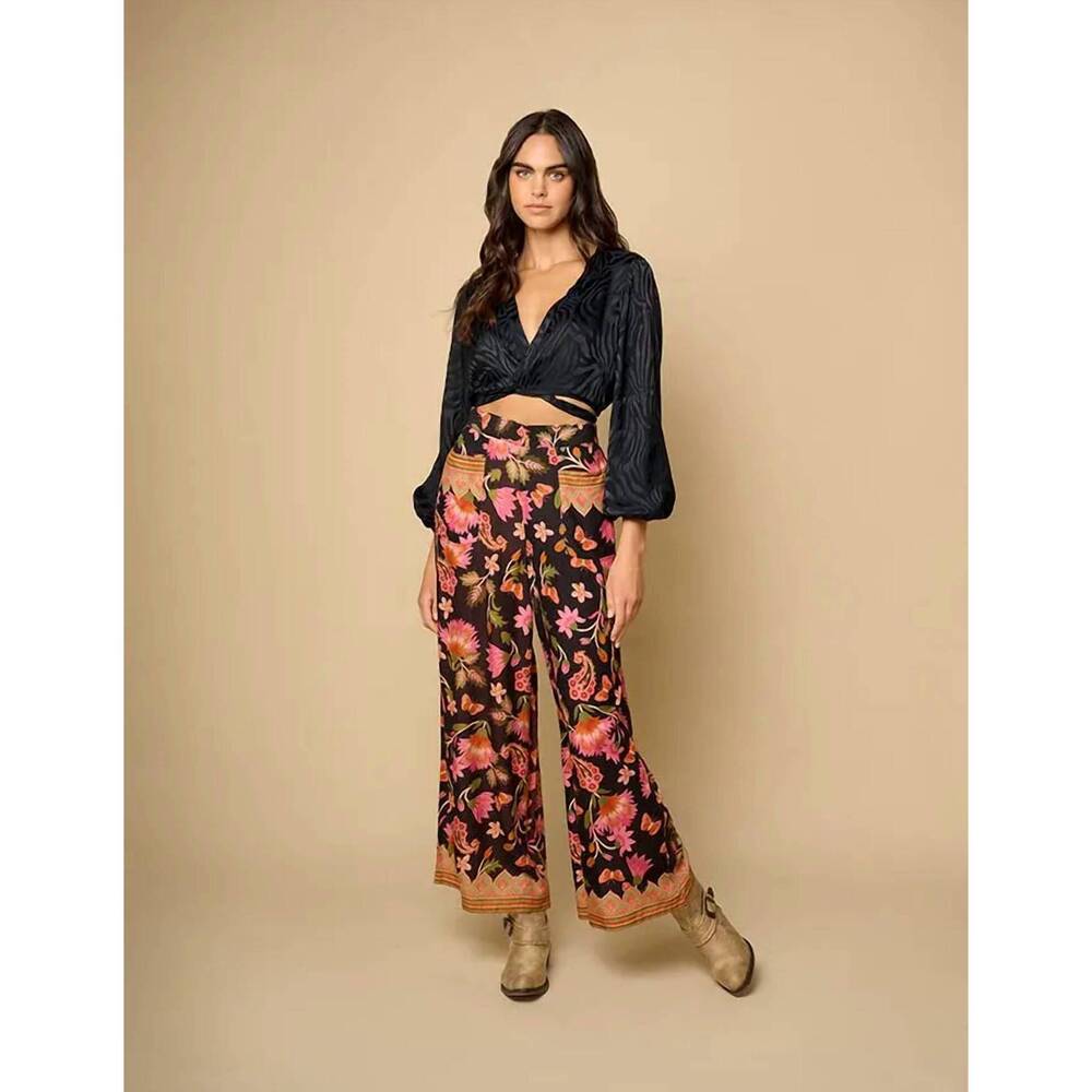 NEW Z&L EUROPE raya floral wide leg pants in black multi